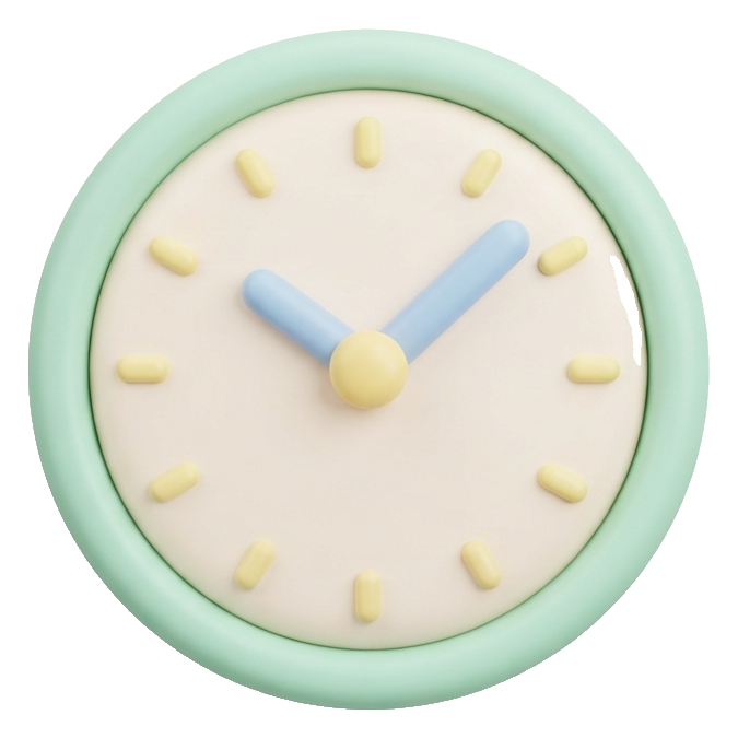 Soft 3D icon, pastel clay render of a round clock icon, transparent background PNG
