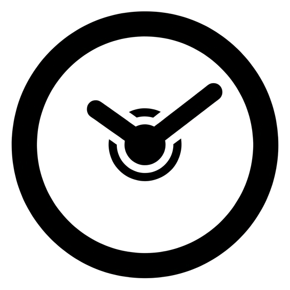 Bold black glyph icon, solid filled silhouette of a round clock icon, transparent background PNG