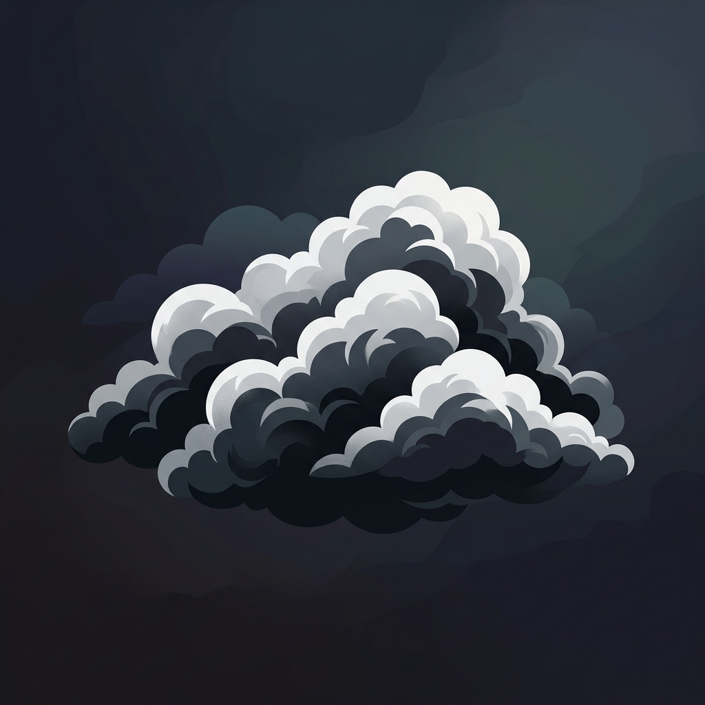Minimal flat illustration of fluffy white clouds, centered subject with a simple uncluttered composition, moody dark tones, dramatic lighting, 1:1 aspect ratio