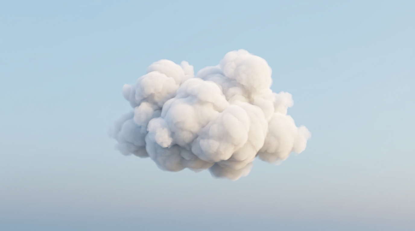 Soft 3d render of fluffy white clouds, centered subject with a simple uncluttered composition, cool blue tones, quiet atmosphere, 16:9 aspect ratio