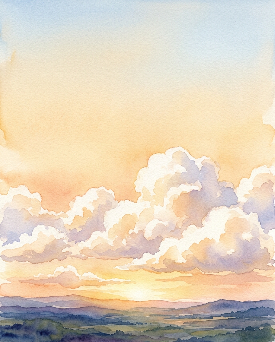 Watercolor illustration of fluffy white clouds, wide shot with open space at the top for text, warm golden light, calm mood, 4:5 aspect ratio