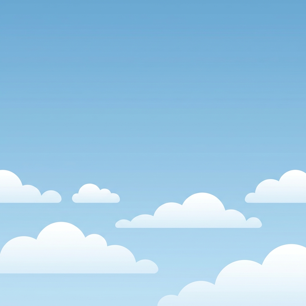 Minimal flat illustration of fluffy white clouds, wide shot with open space at the top for text, cool blue tones, quiet atmosphere, 1:1 aspect ratio