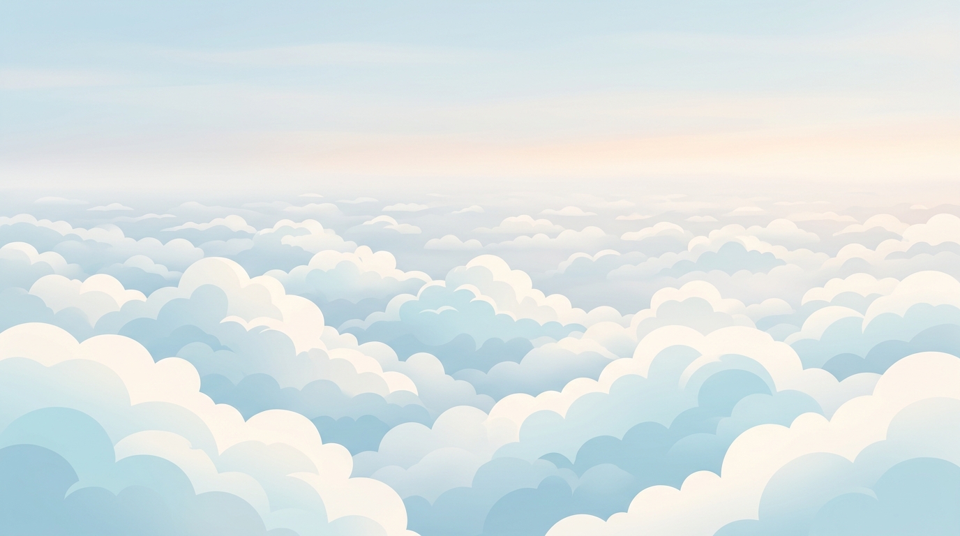 Minimal flat illustration of fluffy white clouds, high-angle view from above, misty morning haze, dreamy, 16:9 aspect ratio