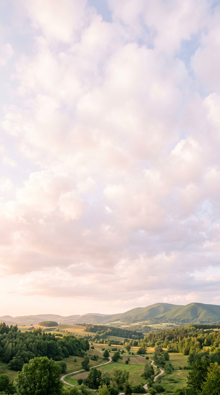 Cinematic film still of fluffy white clouds, wide shot with open space at the top for text, soft pastel colors, bright and cozy, 9:16 aspect ratio