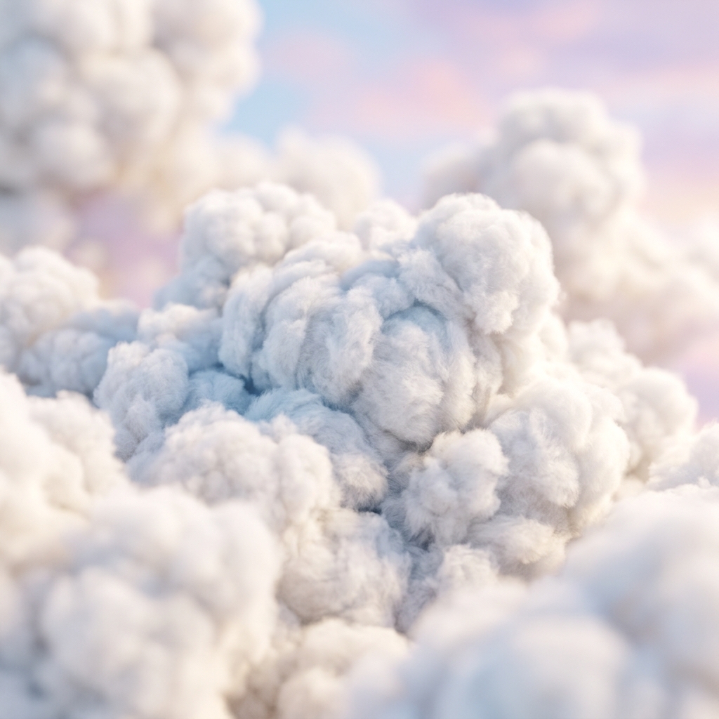 Soft 3d render of fluffy white clouds, close-up detail with shallow depth of field, soft pastel colors, bright and cozy, 1:1 aspect ratio