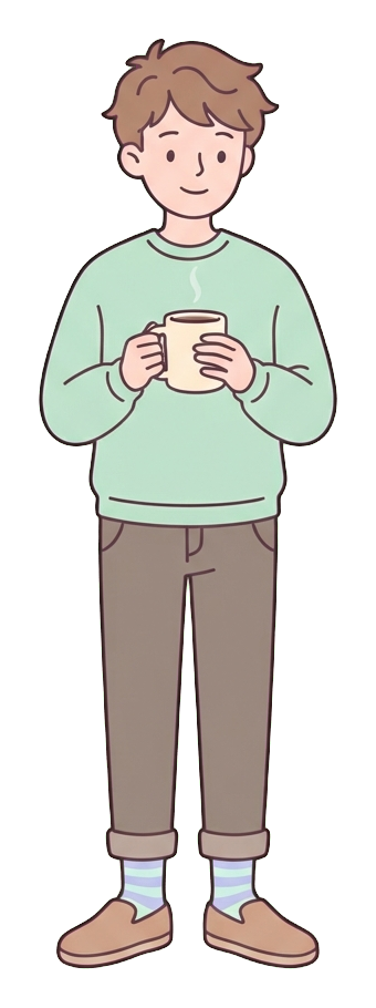Simple cute flat cartoon illustration with soft pastel colors and thin clean dark outlines of a young man, person taking a relaxing coffee break holding a warm mug, transparent background PNG
