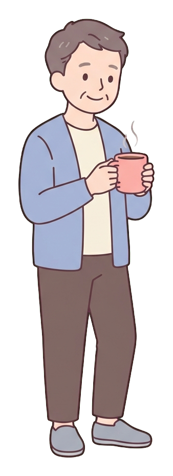 Simple cute flat cartoon illustration with soft pastel colors and thin clean dark outlines of a middle-aged man, person taking a relaxing coffee break holding a warm mug, transparent background PNG