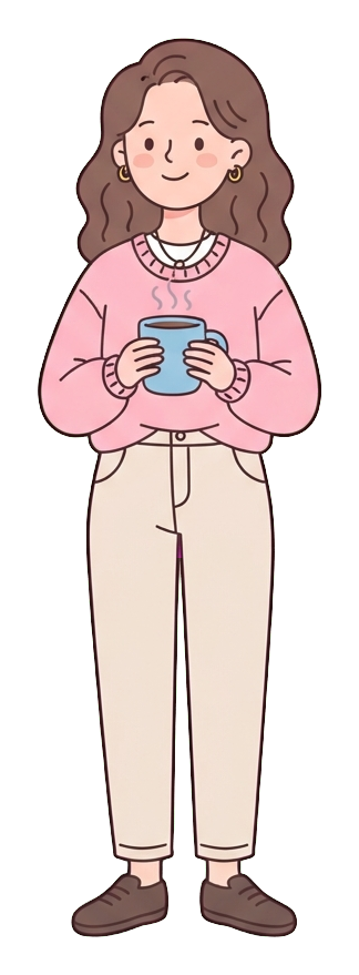 Simple cute flat cartoon illustration with soft pastel colors and thin clean dark outlines of a young woman, person taking a relaxing coffee break holding a warm mug, transparent background PNG