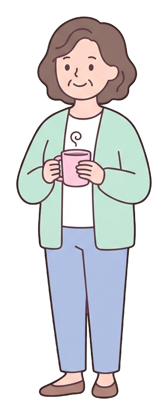 Simple cute flat cartoon illustration with soft pastel colors and thin clean dark outlines of a middle-aged woman, person taking a relaxing coffee break holding a warm mug, transparent background PNG