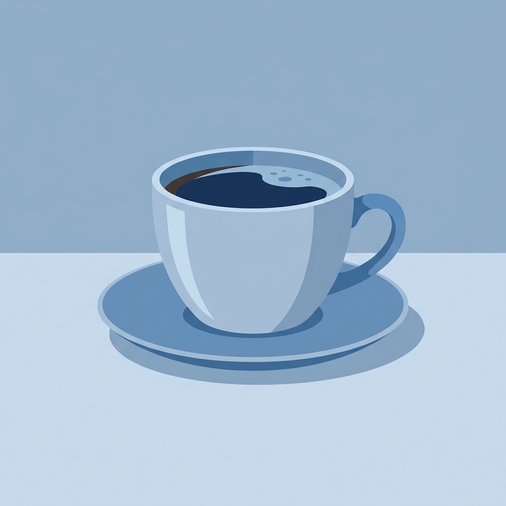 Minimal flat illustration of cup of coffee, centered subject with a simple uncluttered composition, cool blue tones, quiet atmosphere, 1:1 aspect ratio
