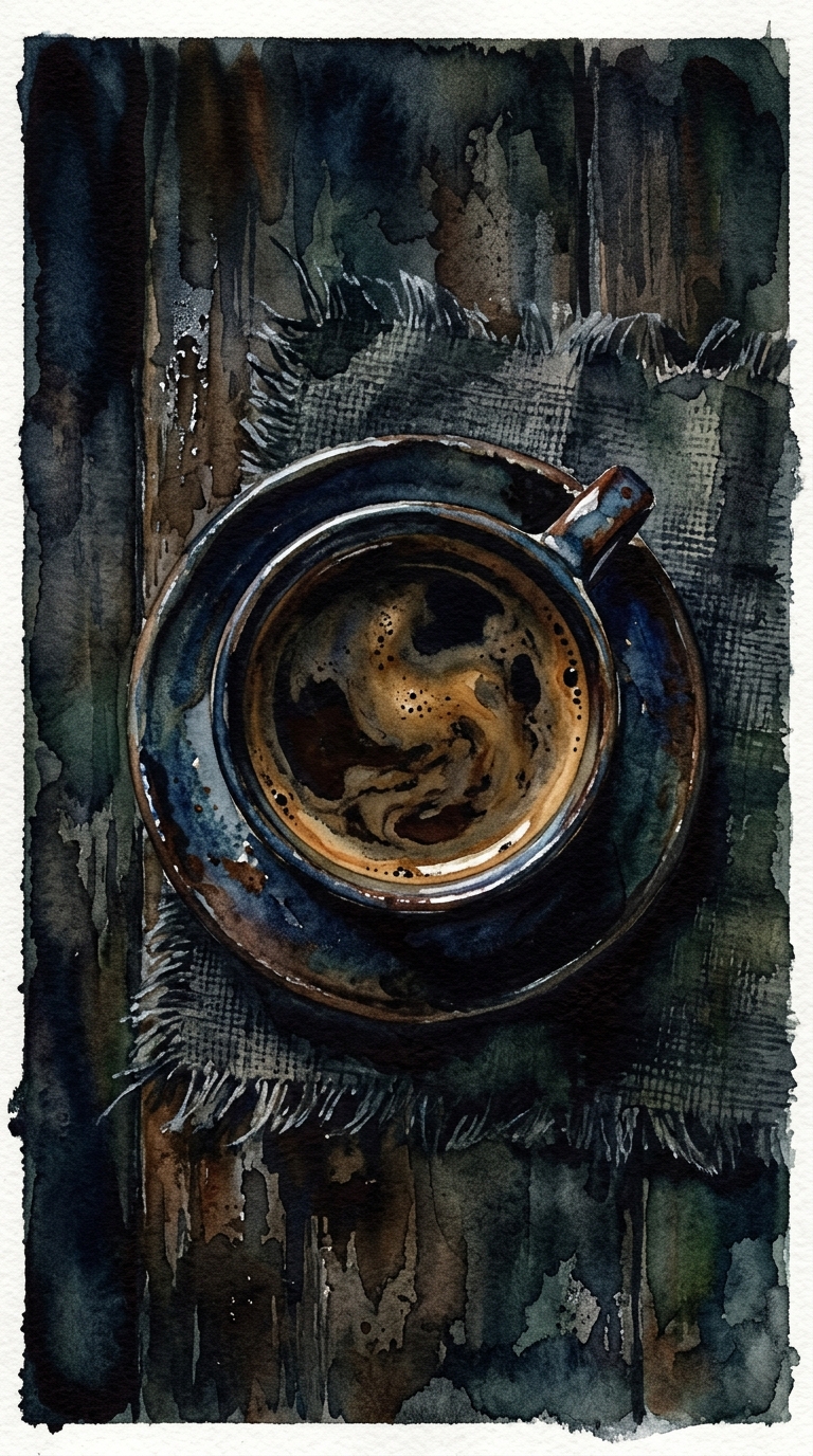 Watercolor illustration of cup of coffee, high-angle view from above, moody dark tones, dramatic lighting, 9:16 aspect ratio