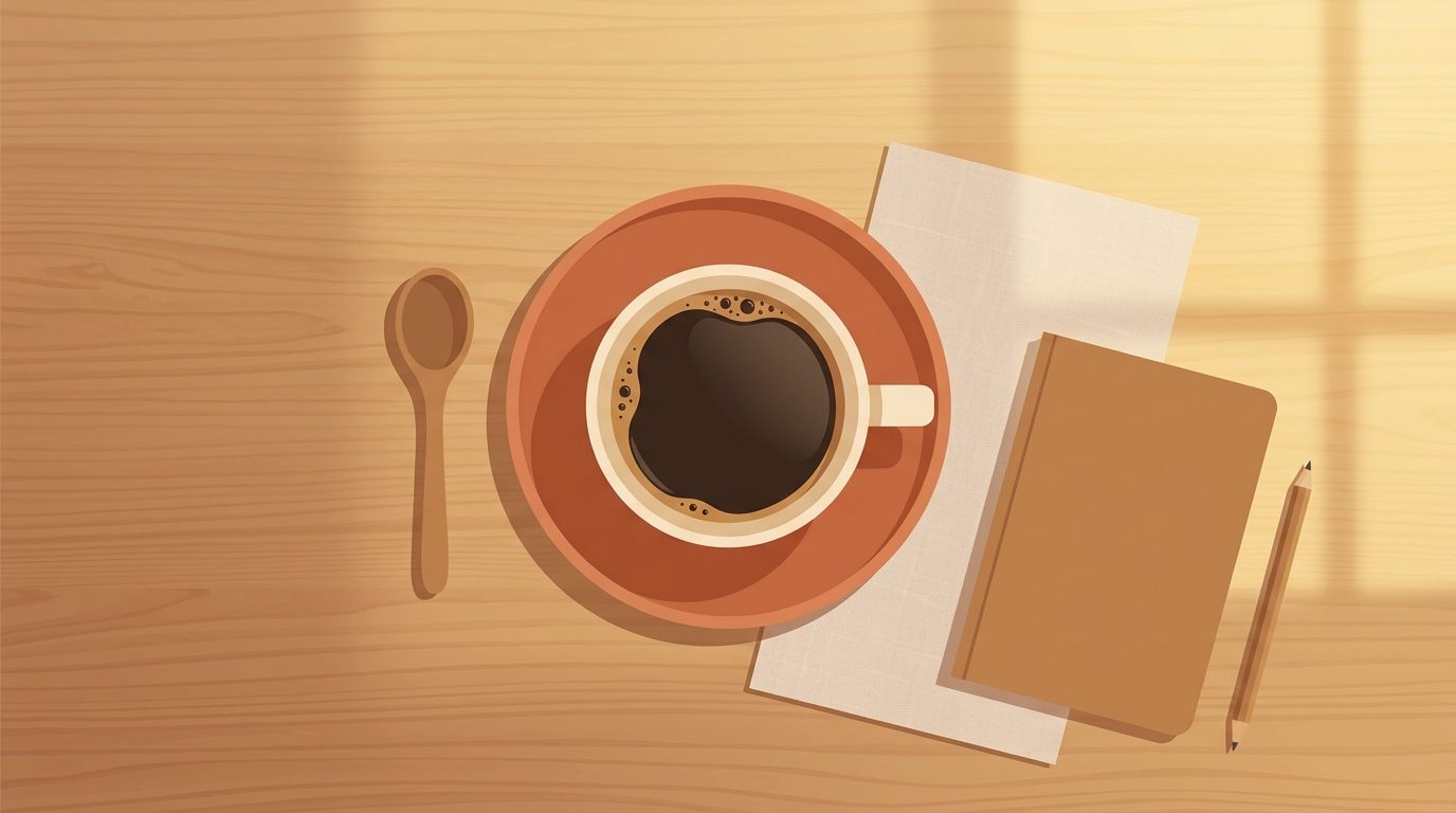 Minimal flat illustration of cup of coffee, high-angle view from above, warm golden light, calm mood, 16:9 aspect ratio