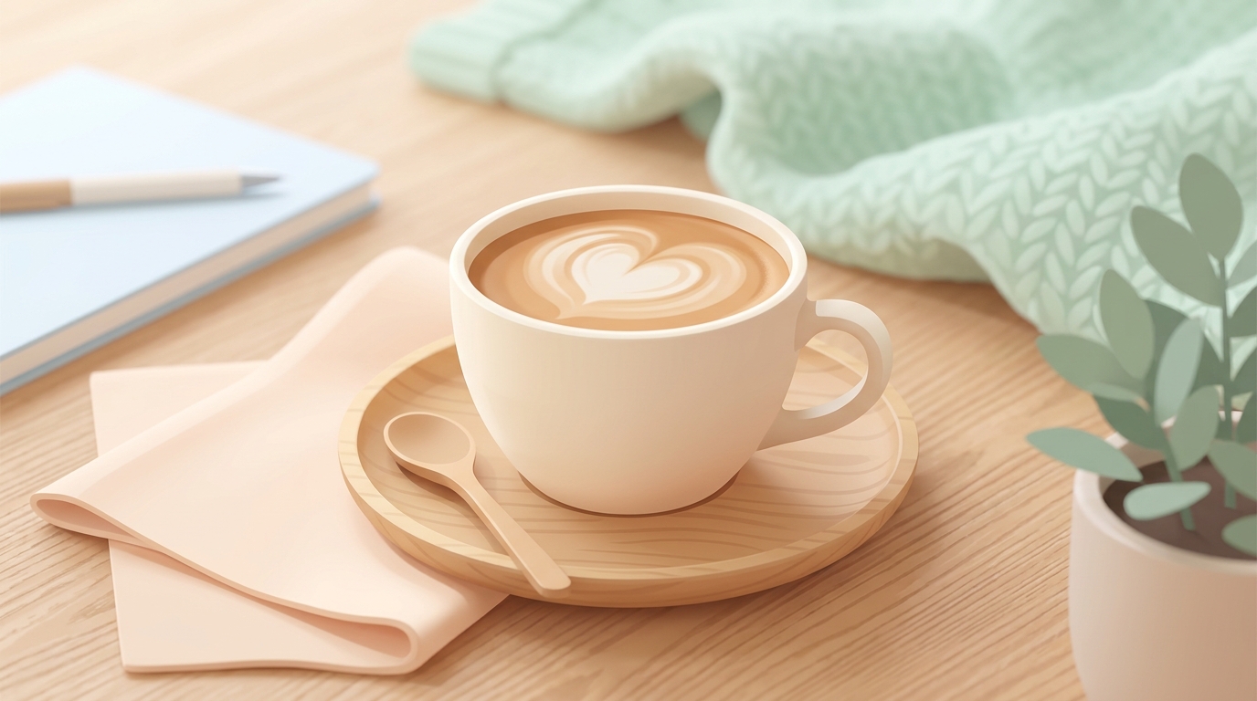 Minimal flat illustration of cup of coffee, close-up detail with shallow depth of field, soft pastel colors, bright and cozy, 16:9 aspect ratio