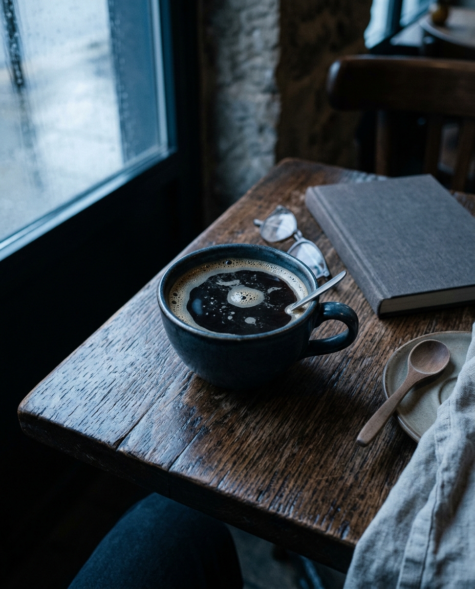 Cinematic film still of cup of coffee, high-angle view from above, cool blue tones, quiet atmosphere, 4:5 aspect ratio