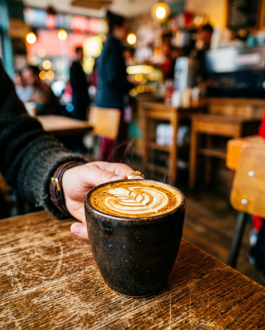 Cinematic film still of cup of coffee, close-up detail with shallow depth of field, vivid colors, high contrast, energetic, 4:5 aspect ratio