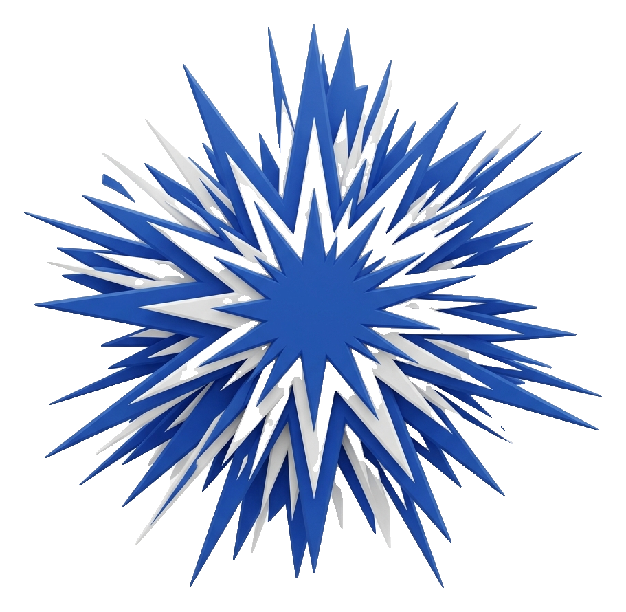 Matte 3D render, blue and white color scheme of an empty comic book explosion burst shape, transparent background PNG