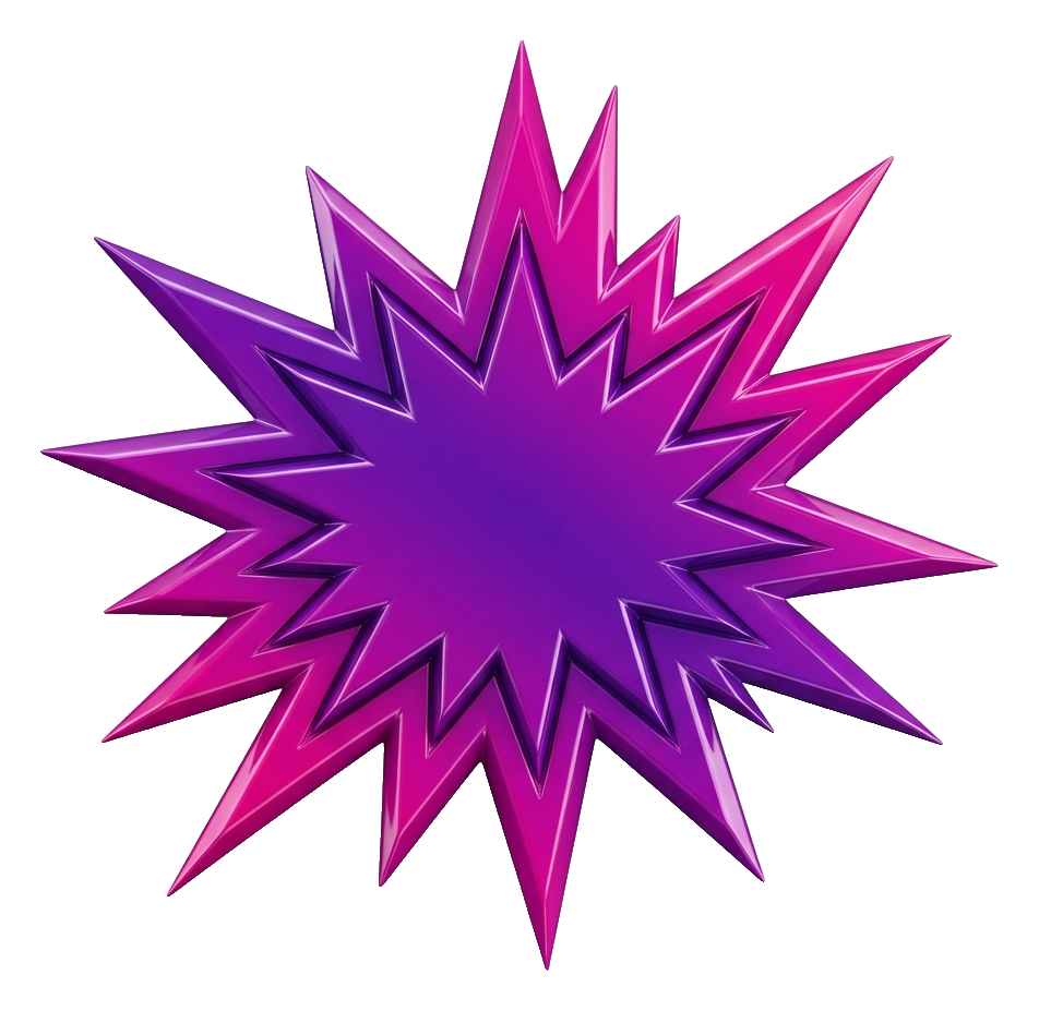 Glossy 3D render, purple and pink gradient of an empty comic book explosion burst shape, transparent background PNG