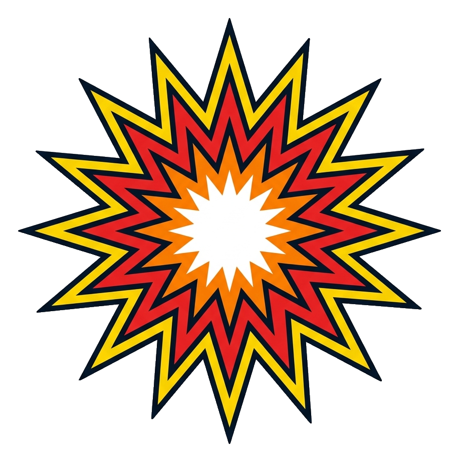 Flat vector icon, bold solid colors of an empty comic book explosion burst shape, transparent background PNG