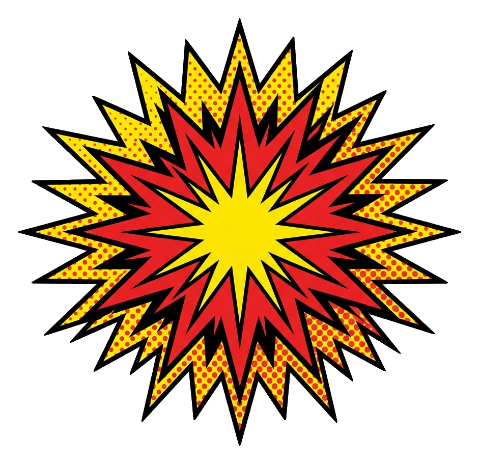 Yellow and red, comic style of an empty comic book explosion burst shape, transparent background PNG