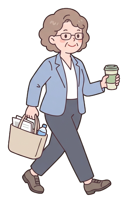 Simple cute flat cartoon illustration with soft pastel colors and thin clean dark outlines of a middle-aged woman, office worker walking briskly to work holding a bag and a coffee cup, transparent background PNG