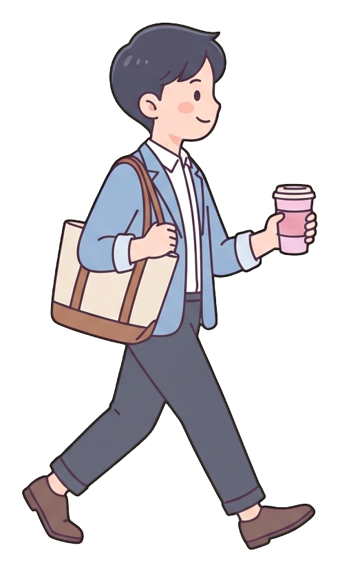 Simple cute flat cartoon illustration with soft pastel colors and thin clean dark outlines of a young man, office worker walking briskly to work holding a bag and a coffee cup, transparent background PNG