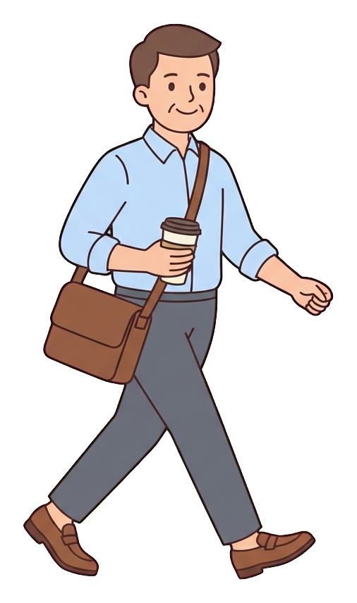 Simple cute flat cartoon illustration with soft pastel colors and thin clean dark outlines of a middle-aged man, office worker walking briskly to work holding a bag and a coffee cup, transparent background PNG