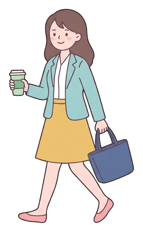 Simple y linda ilustración de dibujos animados planos con colores pastel suaves y contornos oscuros limpios y finos de una mujer joven, empleada de oficina caminando enérgicamente hacia el trabajo sosteniendo un bolso y una taza de café, fondo transparente PNG