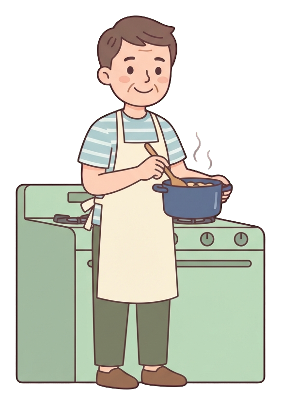 Ilustração simples e fofa em estilo cartoon plano com cores pastel suaves e contornos escuros finos e limpos de um homem de meia-idade, cozinhando no fogão mexendo uma panela, usando avental, fundo transparente PNG