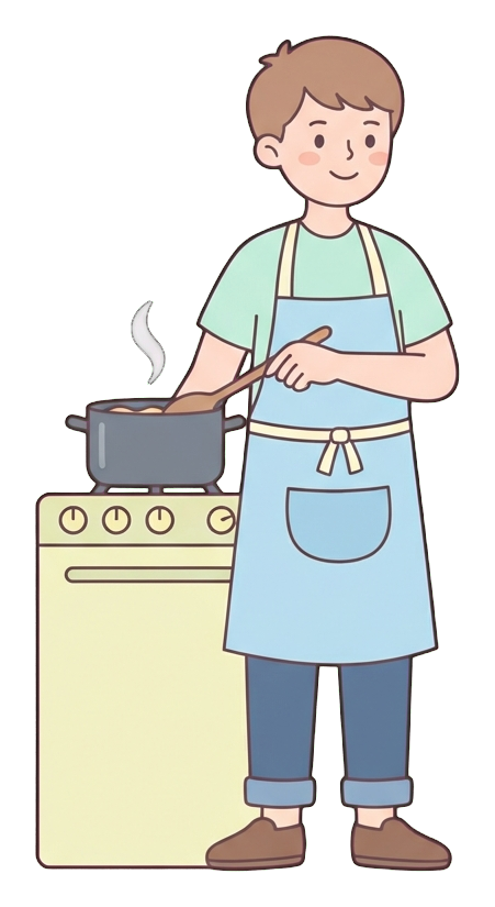 Simple cute flat cartoon illustration with soft pastel colors and thin clean dark outlines of a young man, person cooking at a stove stirring a pot, wearing an apron, transparent background PNG