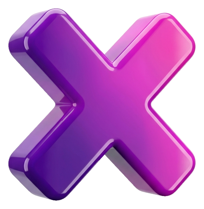 Glossy 3D render, purple and pink gradient of a cross mark symbol, transparent background PNG
