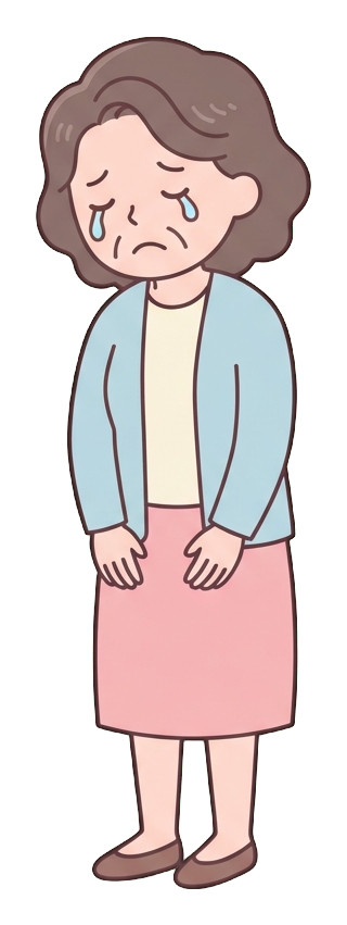 Simple cute flat cartoon illustration with soft pastel colors and thin clean dark outlines of a middle-aged woman, sad person crying with tears, transparent background PNG