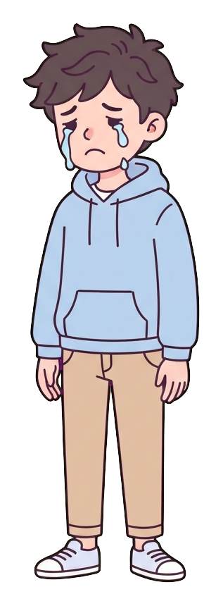 Simple cute flat cartoon illustration with soft pastel colors and thin clean dark outlines of a young man, sad person crying with tears, transparent background PNG