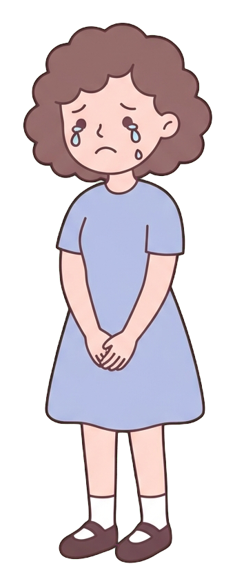 Simple cute flat cartoon illustration with soft pastel colors and thin clean dark outlines of a young woman, sad person crying with tears, transparent background PNG