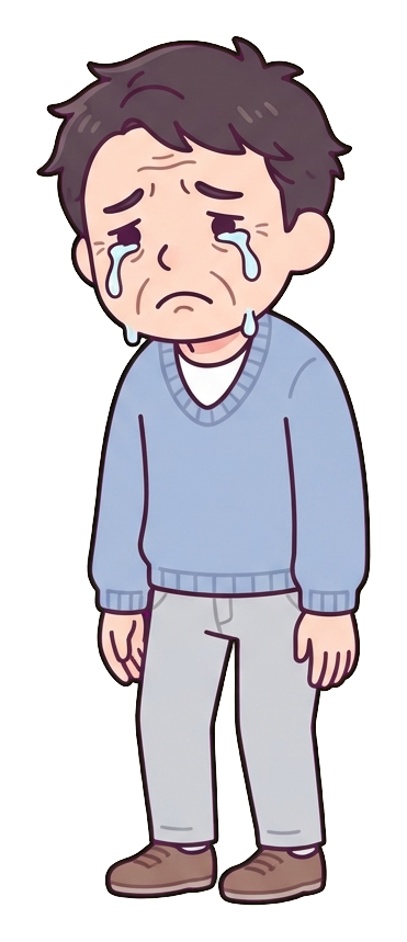Simple cute flat cartoon illustration with soft pastel colors and thin clean dark outlines of a middle-aged man, sad person crying with tears, transparent background PNG