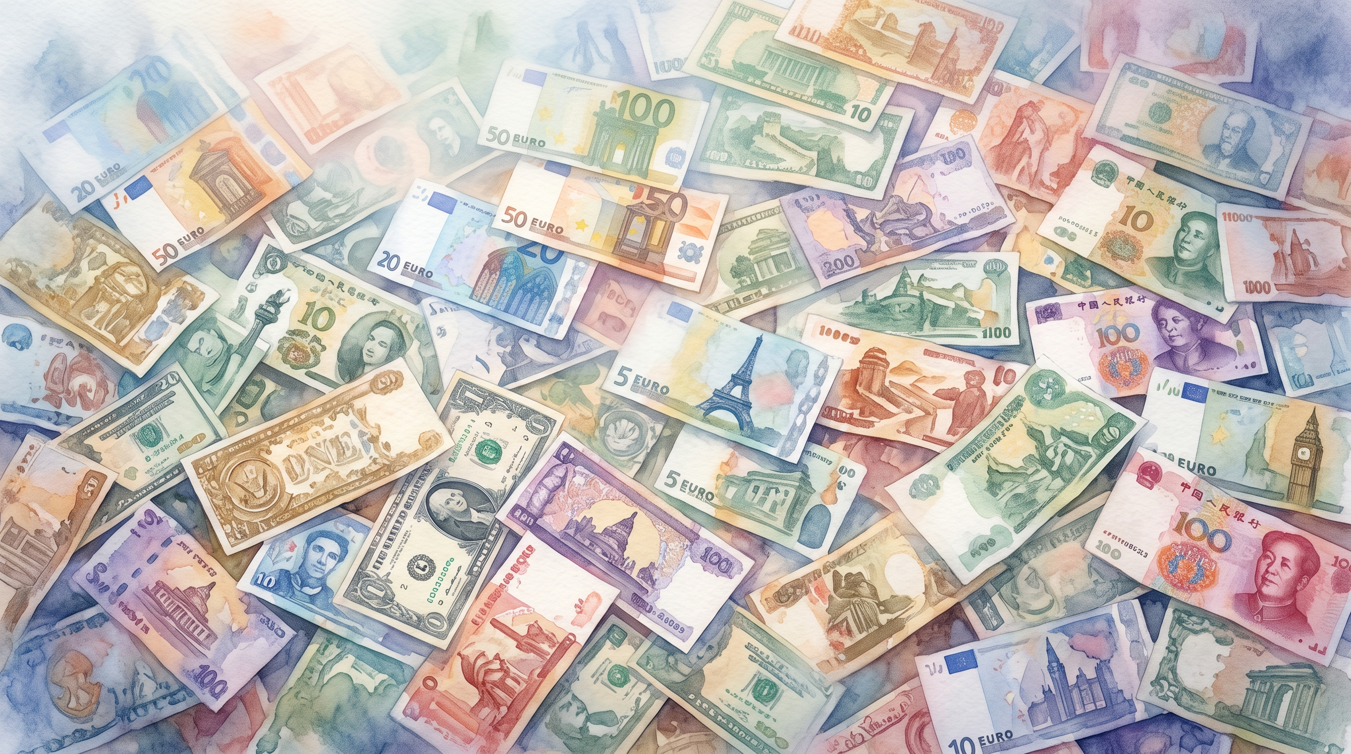 Watercolor illustration of world currency banknotes, high-angle view from above, misty morning haze, dreamy, 16:9 aspect ratio