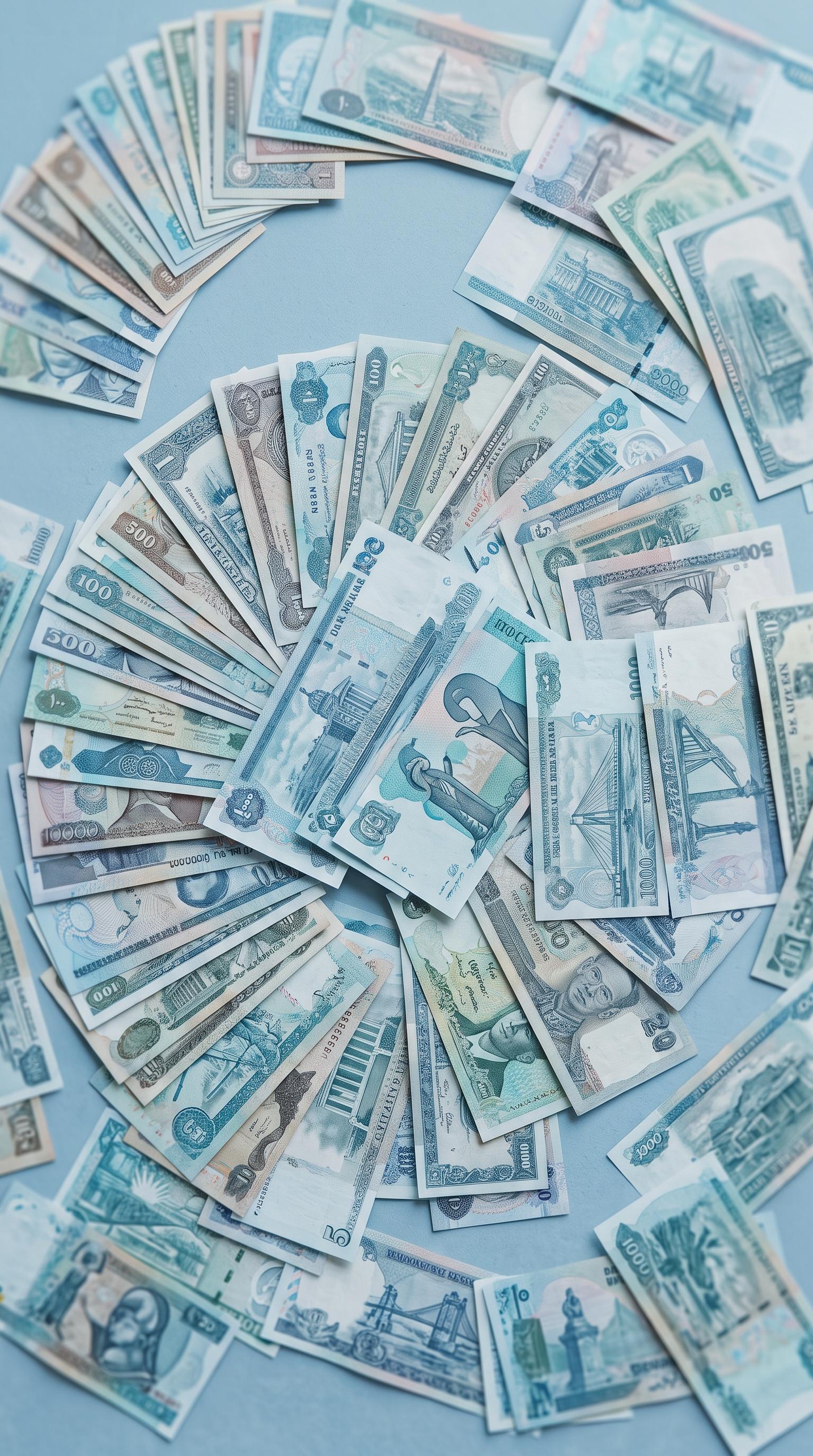 Soft 3d render of world currency banknotes, high-angle view from above, cool blue tones, quiet atmosphere, 9:16 aspect ratio
