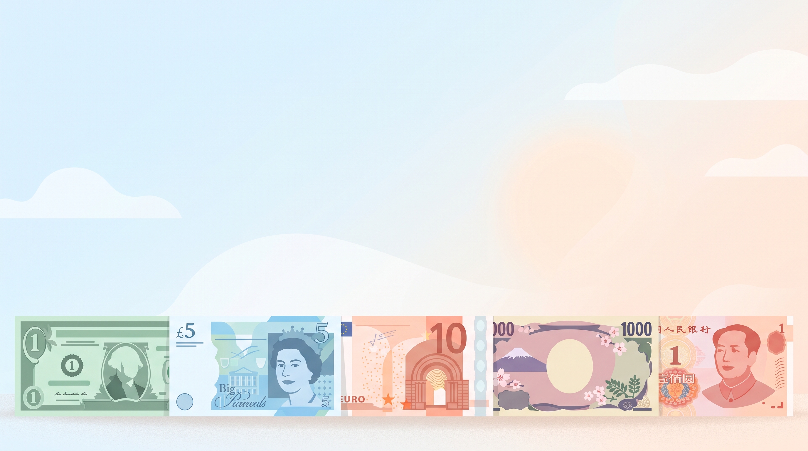 Minimal flat illustration of world currency banknotes, wide shot with open space at the top for text, soft pastel colors, bright and cozy, 16:9 aspect ratio