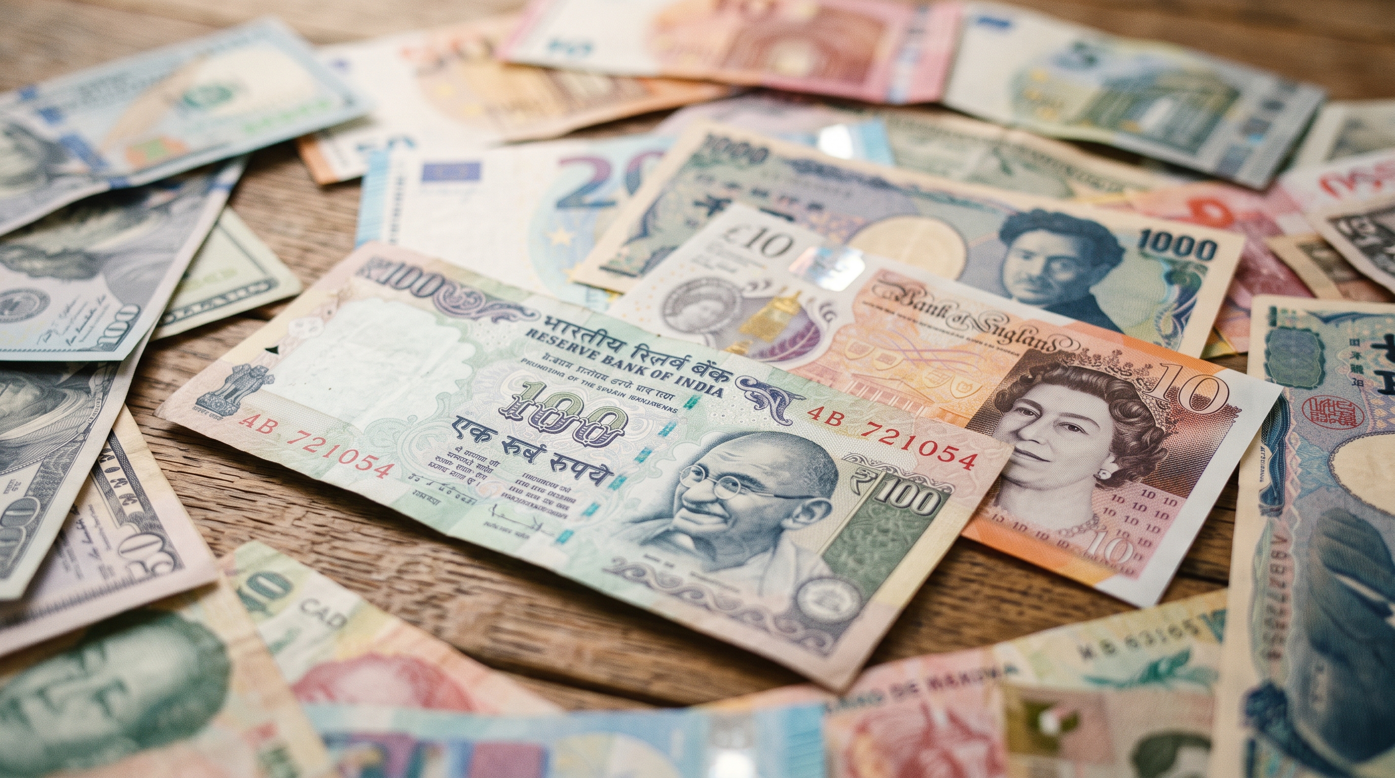 Cinematic film still of world currency banknotes, close-up detail with shallow depth of field, soft pastel colors, bright and cozy, 16:9 aspect ratio