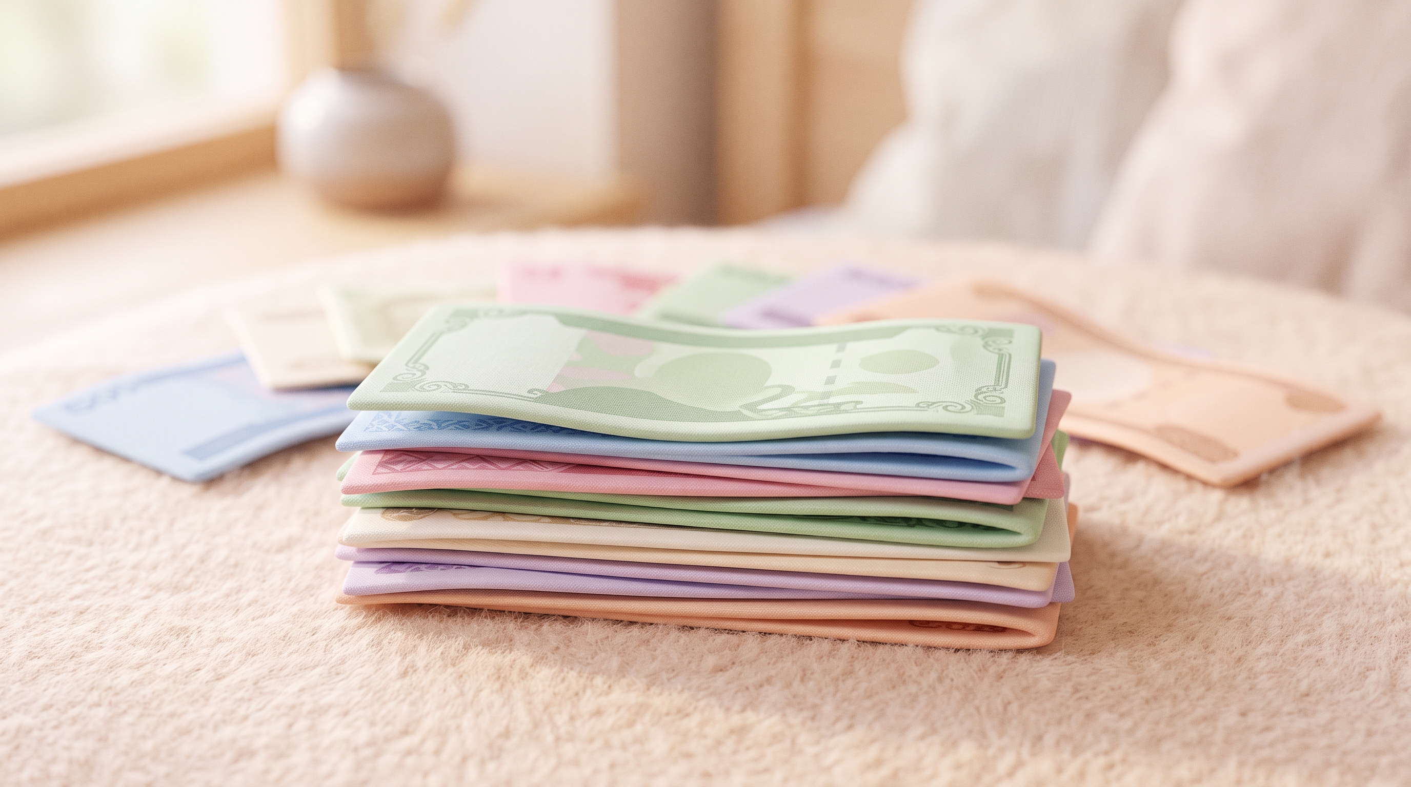 Soft 3d render of world currency banknotes, centered subject with a simple uncluttered composition, soft pastel colors, bright and cozy, 16:9 aspect ratio
