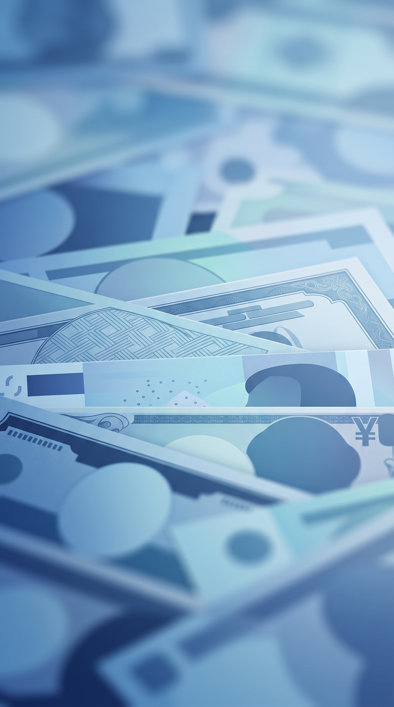 Minimal flat illustration of world currency banknotes, close-up detail with shallow depth of field, cool blue tones, quiet atmosphere, 9:16 aspect ratio