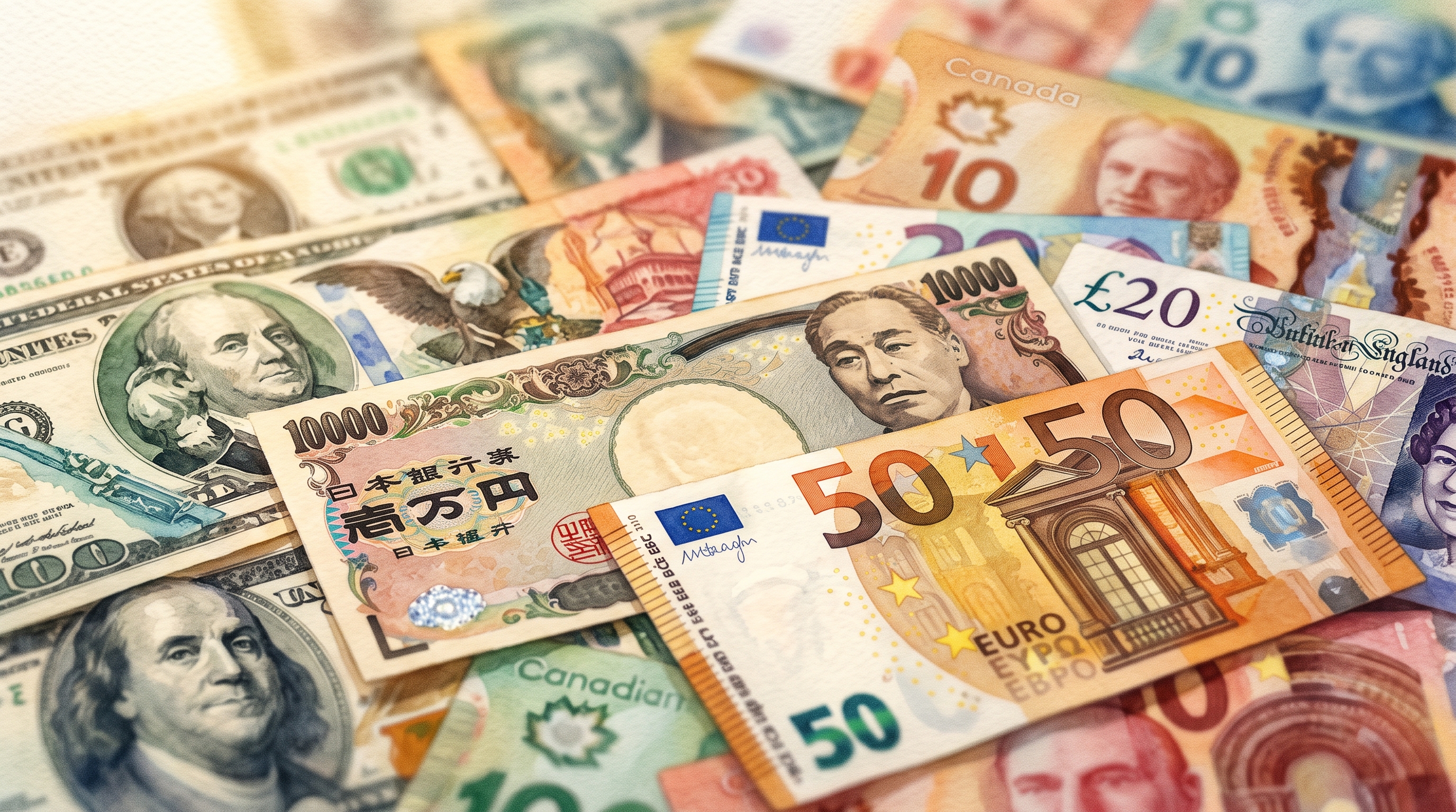 Watercolor illustration of world currency banknotes, close-up detail with shallow depth of field, warm golden light, calm mood, 16:9 aspect ratio