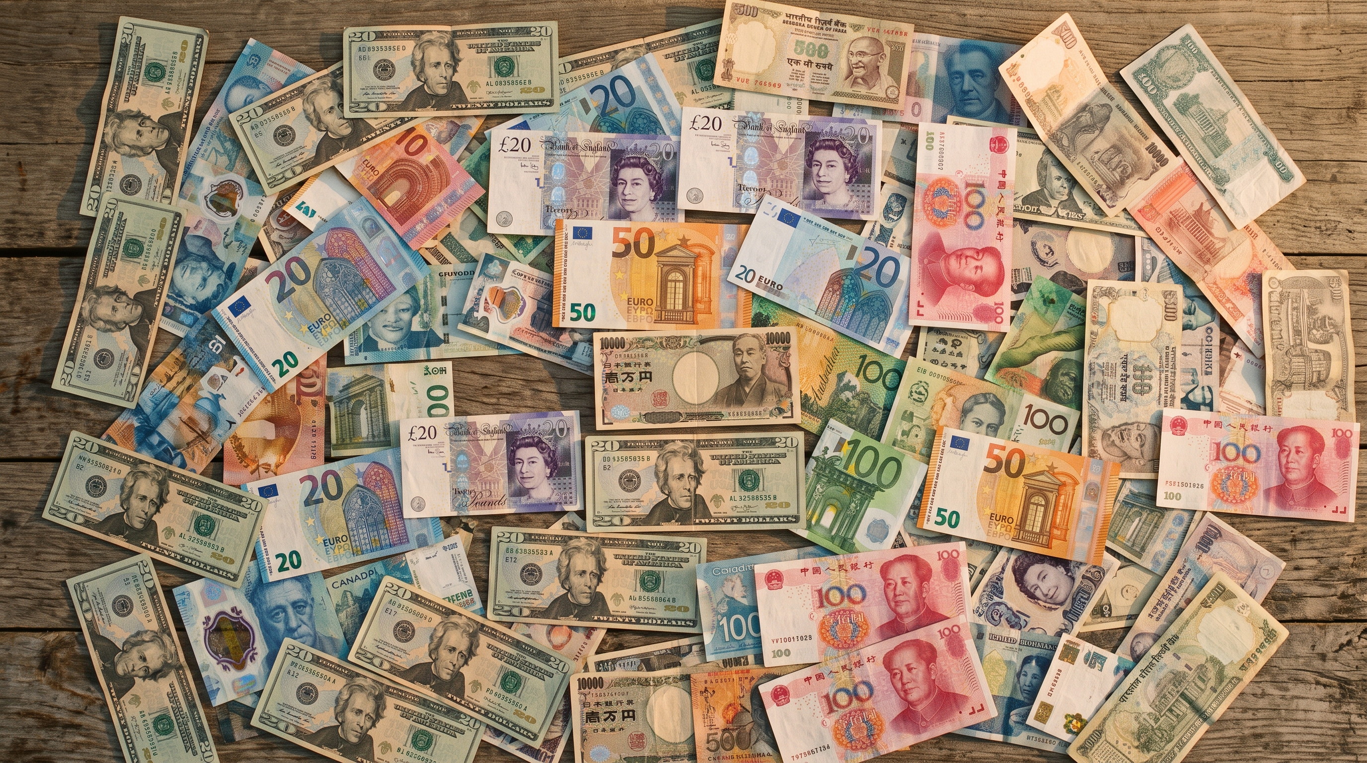 Cinematic film still of world currency banknotes, high-angle view from above, warm golden light, calm mood, 16:9 aspect ratio