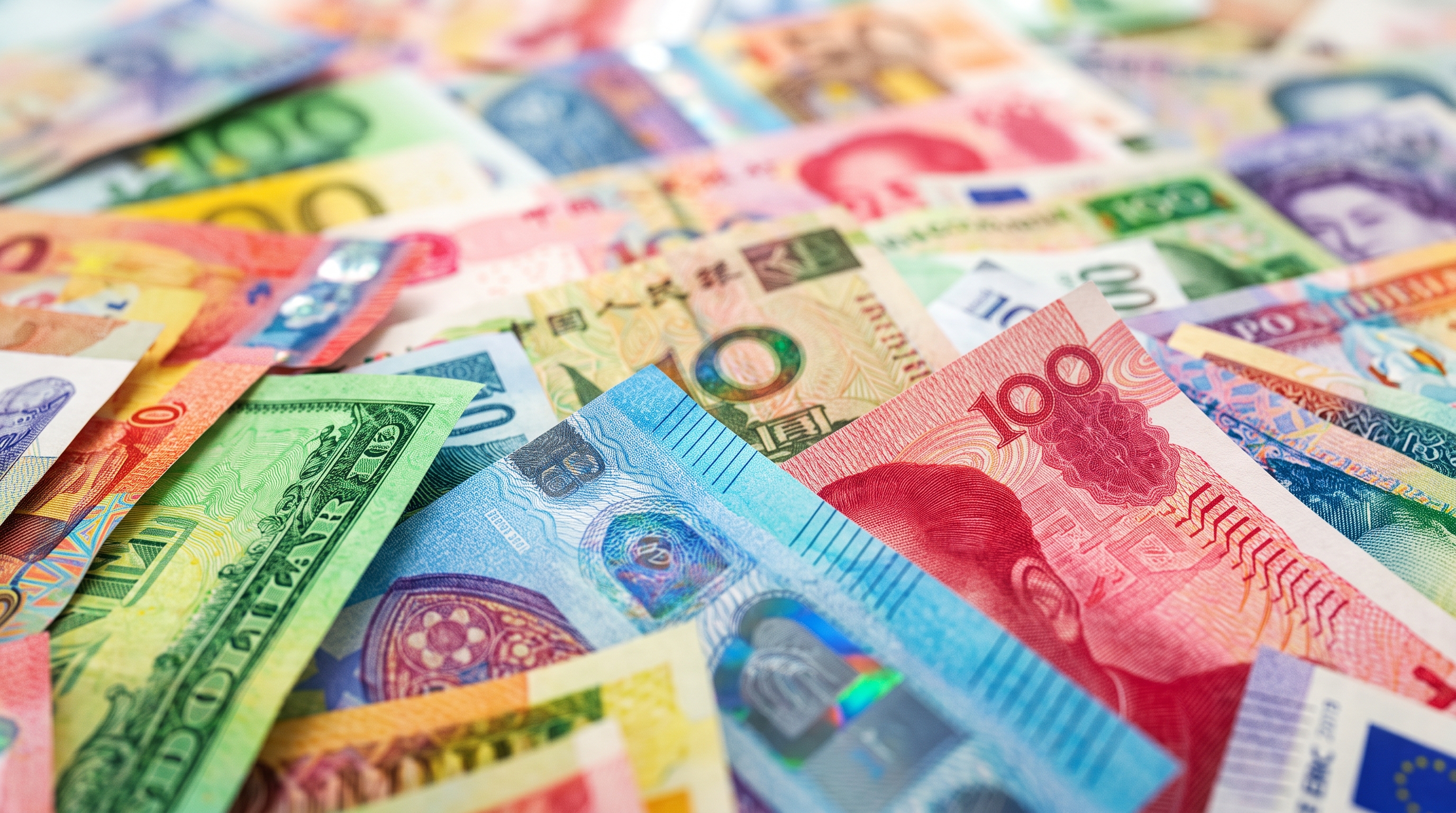 Soft 3d render of world currency banknotes, close-up detail with shallow depth of field, vivid colors, high contrast, energetic, 16:9 aspect ratio