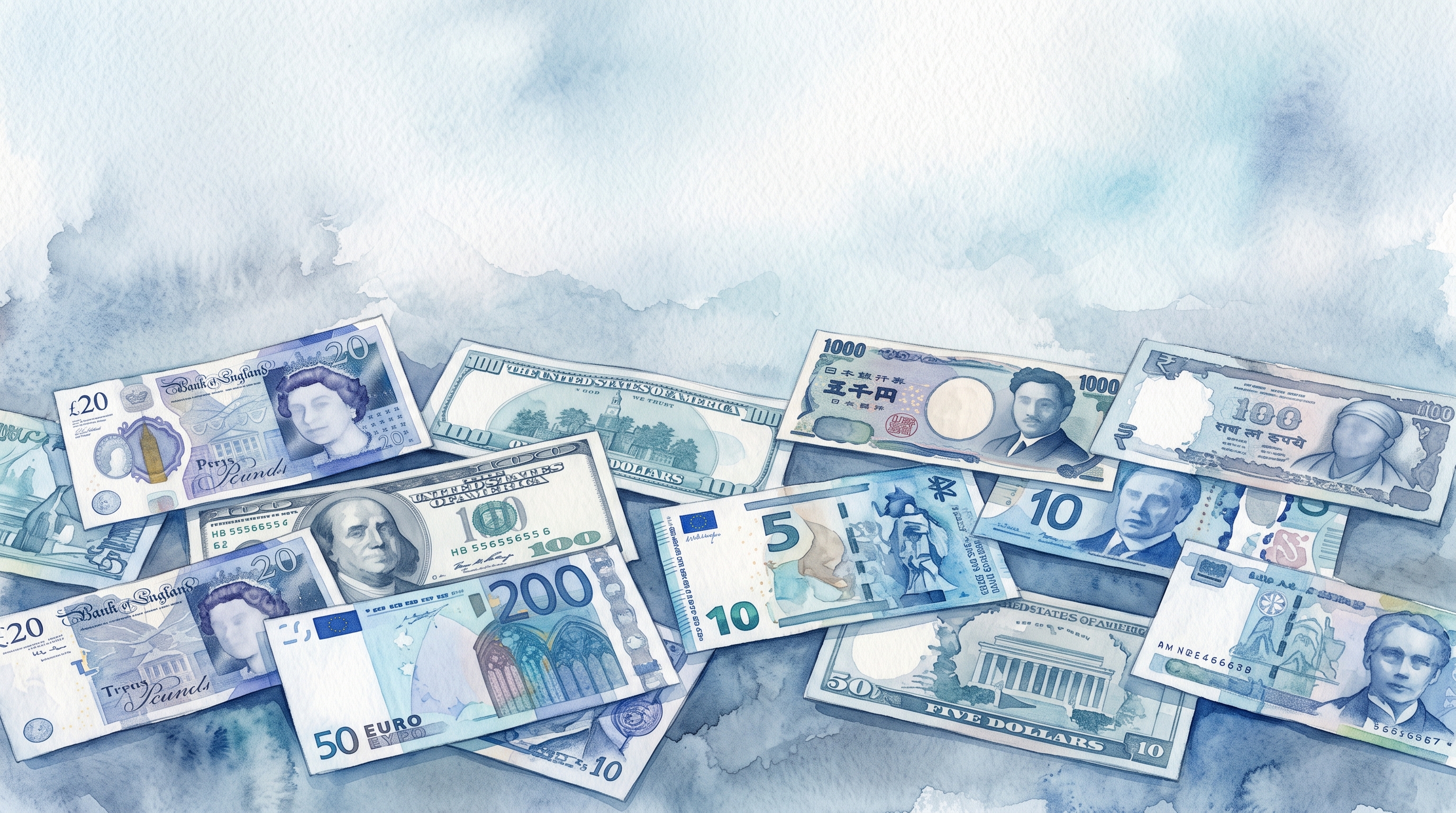 Watercolor illustration of world currency banknotes, wide shot with open space at the top for text, cool blue tones, quiet atmosphere, 16:9 aspect ratio