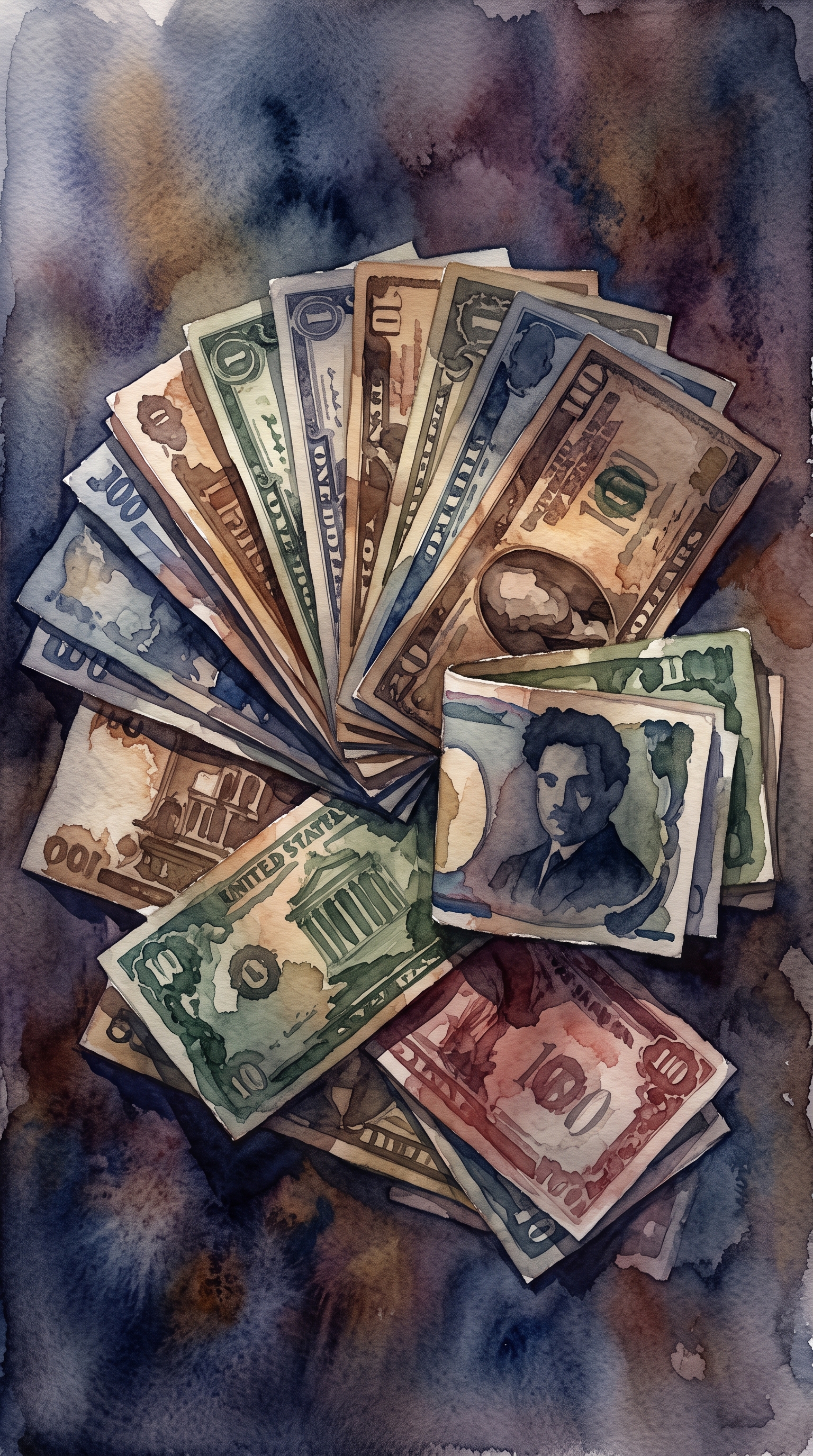 Watercolor illustration of world currency banknotes, centered subject with a simple uncluttered composition, moody dark tones, dramatic lighting, 9:16 aspect ratio