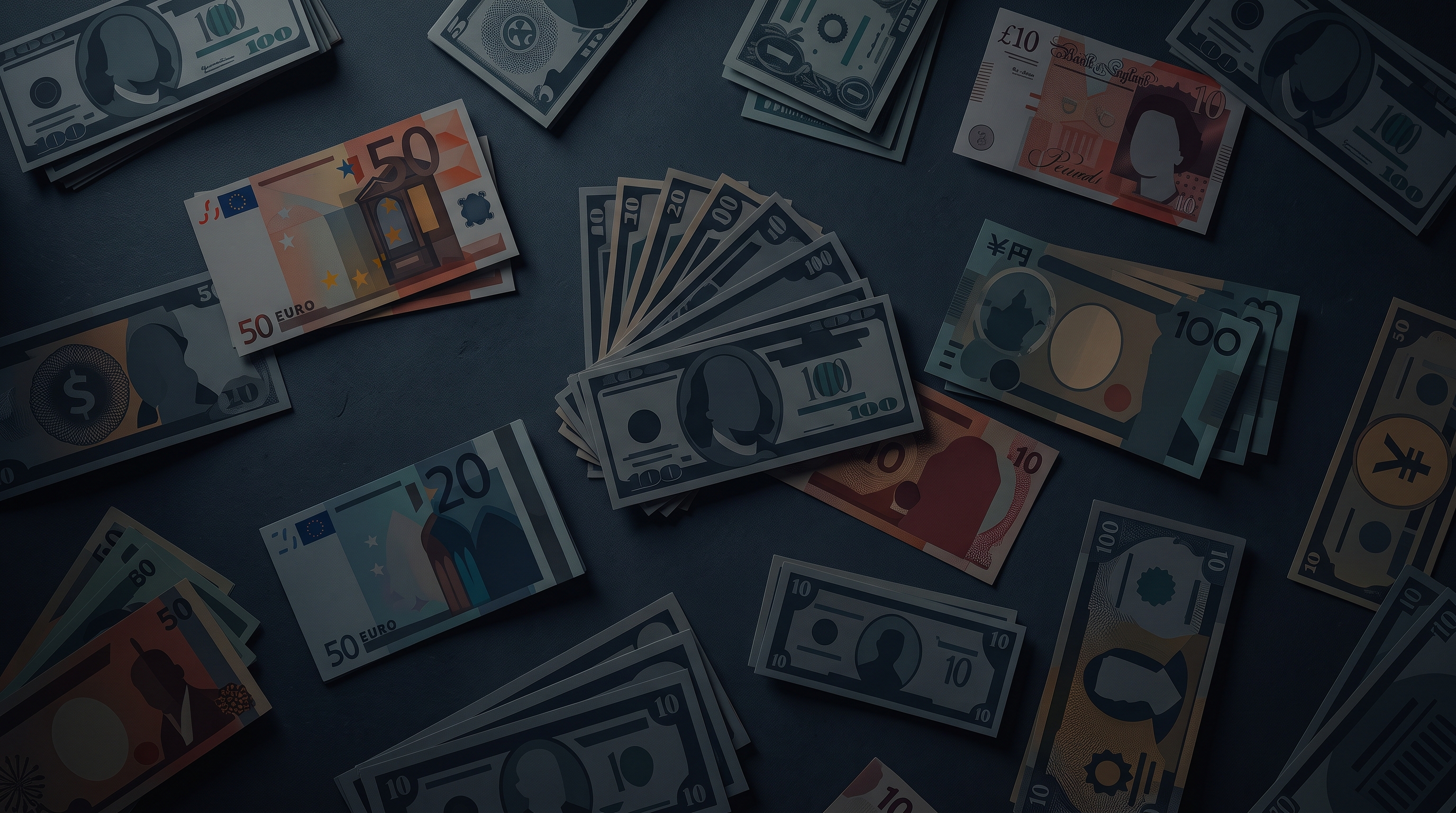 Minimal flat illustration of world currency banknotes, high-angle view from above, moody dark tones, dramatic lighting, 16:9 aspect ratio