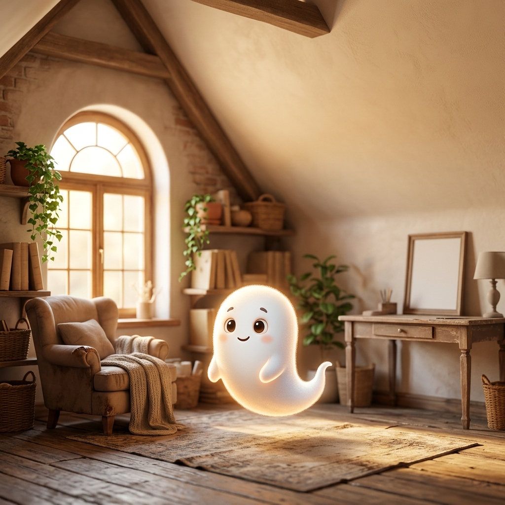 Photorealistic photo of a cute little cartoon ghost, wide shot with open space at the top for text, warm golden light, calm mood, 1:1 aspect ratio
