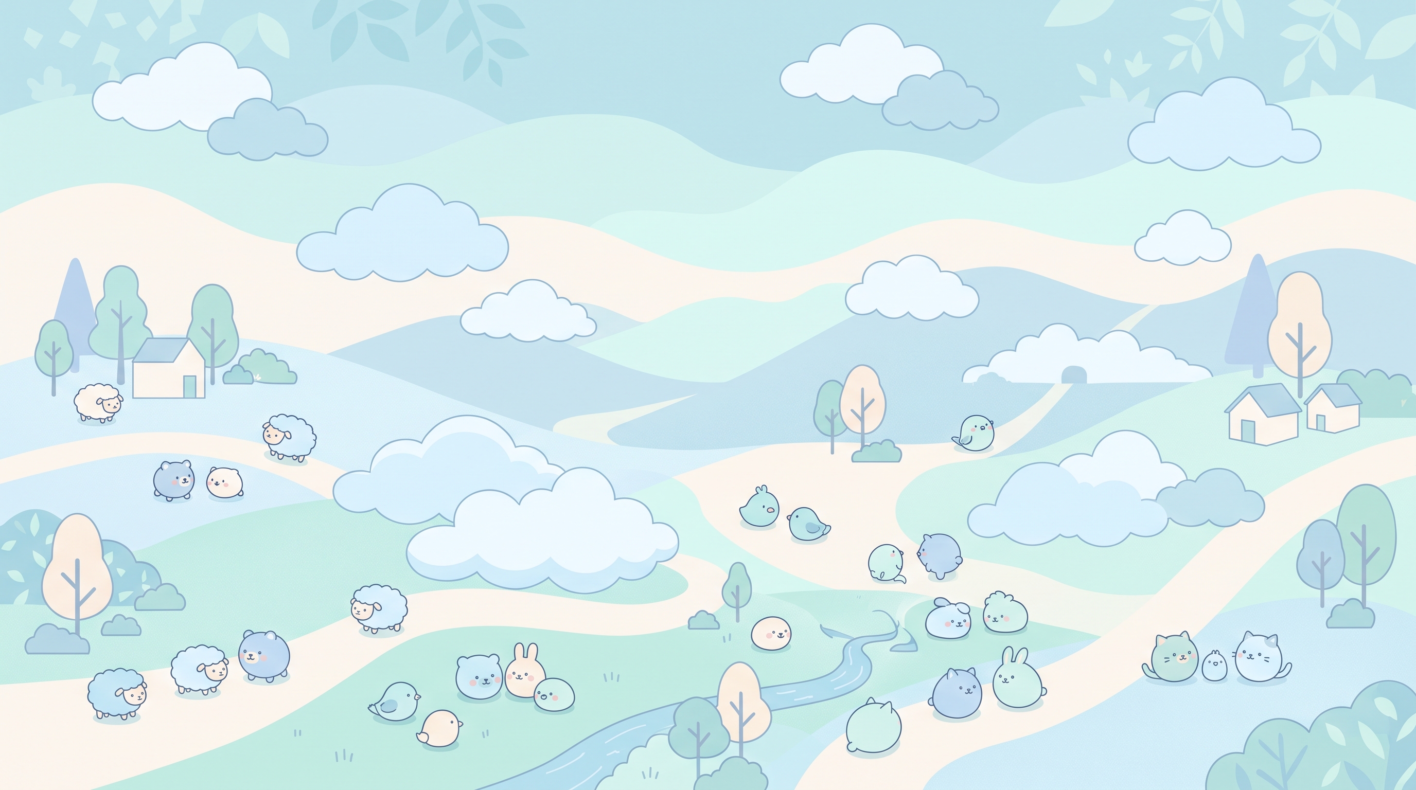 Minimal flat illustration of cute pastel scene with small round animals and clouds, high-angle view from above, cool blue tones, quiet atmosphere, 16:9 aspect ratio