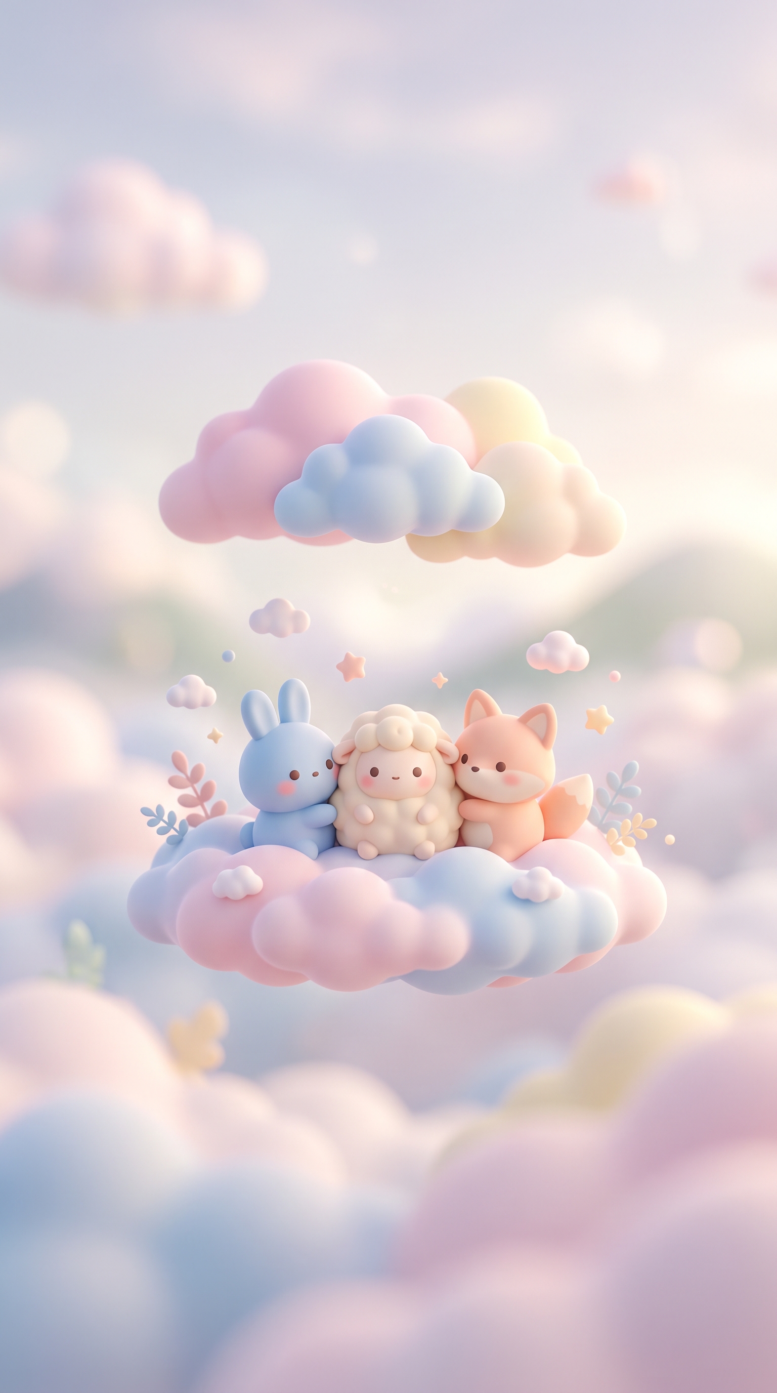 Soft 3d render of cute pastel scene with small round animals and clouds, centered subject with a simple uncluttered composition, misty morning haze, dreamy, 9:16 aspect ratio