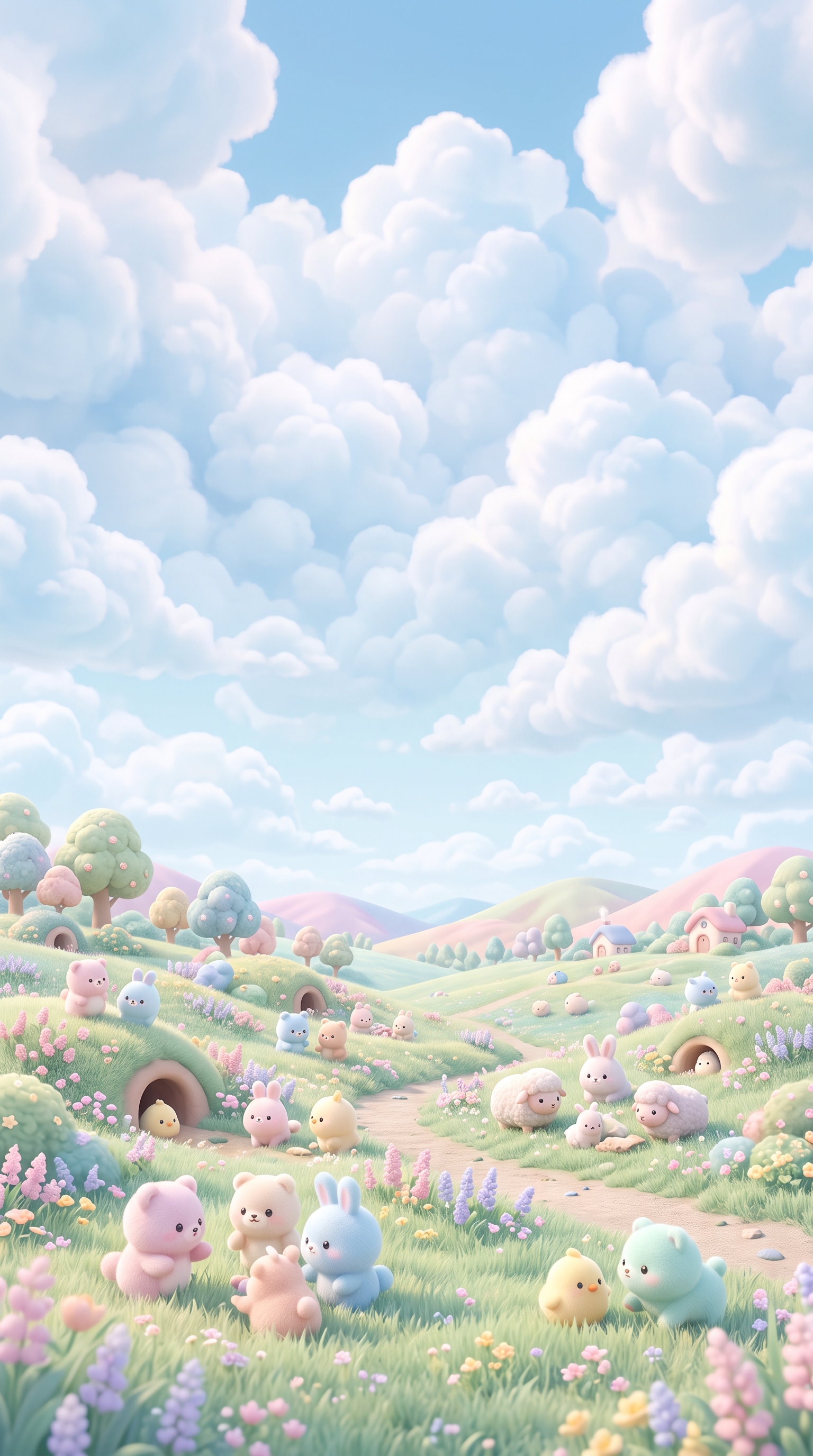 Photorealistic photo of cute pastel scene with small round animals and clouds, wide shot with open space at the top for text, soft pastel colors, bright and cozy, 9:16 aspect ratio